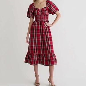 J Crew Smocked puff-sleeve cotton poplin midi dress
